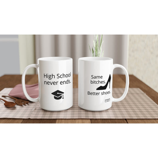 High school never ends.White 15oz Ceramic Mug